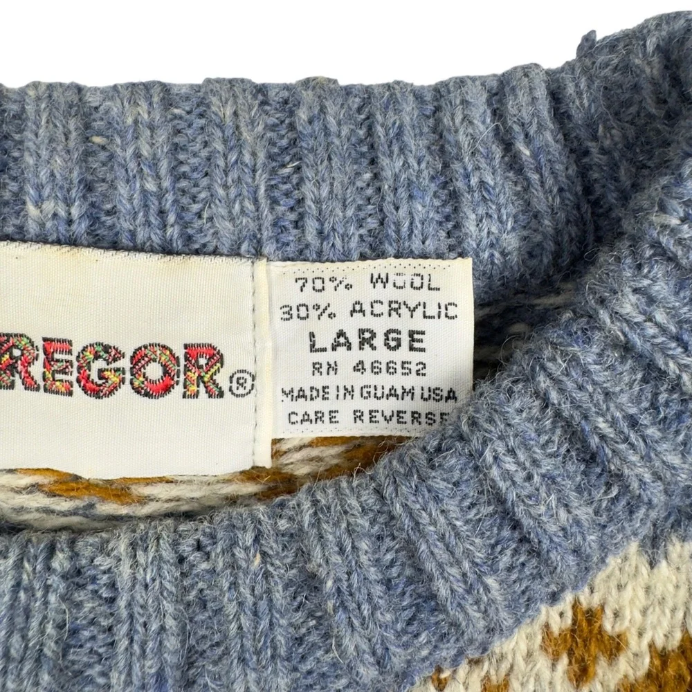 Vtg 70s McGregor Fair Isle Wool Blend Sweater Men's Large Blue Made USA Guam